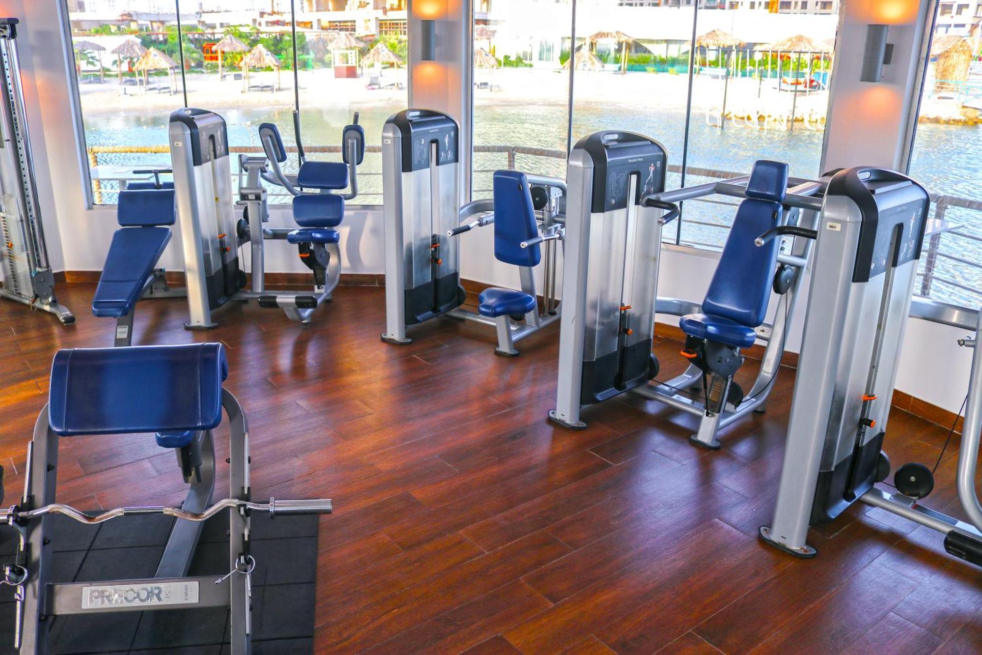 Lagoona Beach Luxury Resort And Spa Manama Dış mekan fotoğraf The photo shows a gym or fitness center with several pieces of exercise equipment. There are multiple machines designed for strength training, including seated machines with padded seats and backrests. The equipment appears to have a modern design an